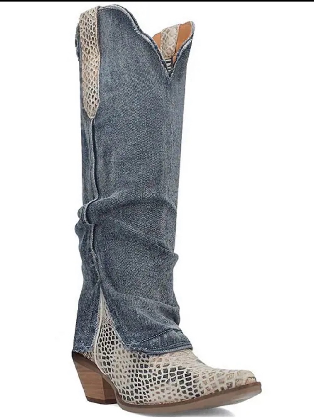 dingo Gray Denim-Look Knee-High Western Boot with Cream Croc Accents